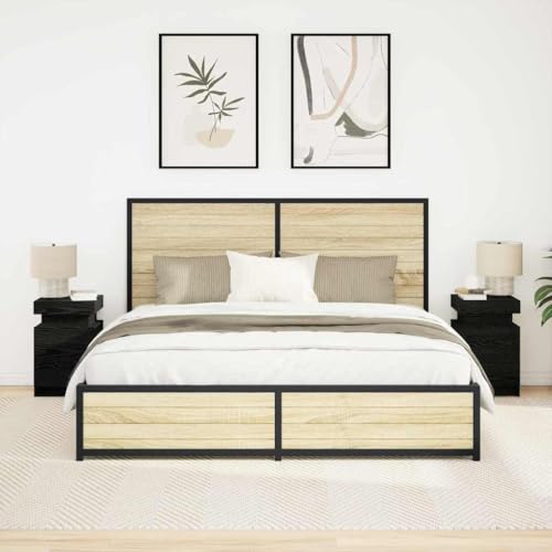 QUAHEAS Nachttisch 2er Set Schwarz Eichen-Optik, 35x39x55cm, mit USB-Anschluss und LED-Beleuchtung, Holzwerkstoff Beistelltisch für Schlafzimmer