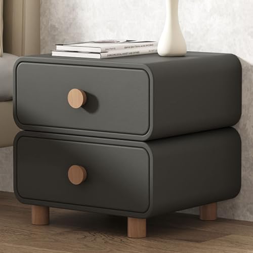 Generisch Nachttisch aus Massivholz mit 2 Schubladen und Aufbewahrungsschrank aus Leder, minimalistisches Design für Wohnzimmer oder Schlafzimmer, dunkelgraues Finish