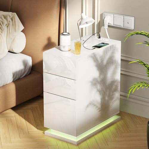 Lvhcmfohm Nachttisch Schmal mit Steckdose und USB, Nachtschrank Led mit 3 Schubladen, B30 x T50 x H63 Nachtkästchen, Nachtkommode Hochglanz Beistelltisch mit USB und 16 Farben Beleuchtung, Weiß