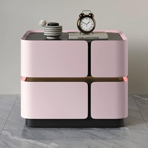 Moderner Nachttisch mit 2 Schubladen, PU-Leder, umwickelter Nachttisch mit Steinplatte, stilvoller Nachttisch aus Holz für Schlafzimmer und Wohnzimmer, Rosa, 50 cm