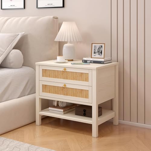 LNRLZYLS Nachttisch mit 2 Schubladen aus Rattan, Beistelltisch mit offenem Fach, Nachtkommode im Boho-Stil, Stabiler Holzrahmen, Couchtisch für Schlafzimmer & Wohnzimmer, Weiß & Natur