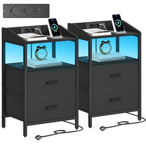 Hzuaneri Nachttisch 2er Set, mit LED-Leuchten und ladefunktion, Beistelltisch mit 2 Stoff-Schubladen mit USB-Anschlüssen & Steckdosen, für Schlafzimmer, Wohnzimmer, Schwarz NS36204B