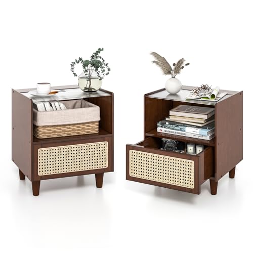 KOMFOTTEU Nachttisch mit Schublade aus Rattan & Bambus, Beistelltisch mit Beinen aus Massivholz, Nachtschrank Vintage mit Glastischplatte und offenem Fach, Nachtkommode 43x35x50cm (2 Stück)