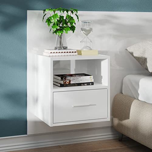 Snsowed Wand-Nachttisch, Nachtschrank, Nachtkästchen, Bedside Table, Nachtkommode, Nightstand, Nachttischschrank, Nachtkonsole, Hochglanz-Weiß Holzwerkstoff