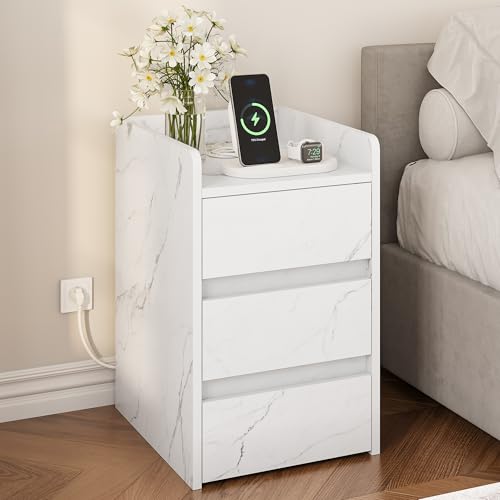 YITAHOME Nachttisch mit 3 Schubladen und Netzteil, Nachtkommode mit Ladestation, 2 USB-Anschlüssen und Steckdosen, wasserfester Beistelltisch für Wohnzimmer und Schlafzimmer, 35x40x60cm (Marmorweiß)