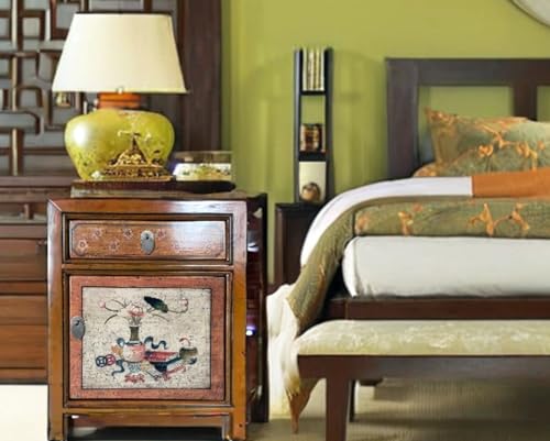 OPIUM OUTLET Chinesisches Nacht-Schränkchen asiatischer Nachttisch Kleiner Nacht-Schrank orientalische Schlafzimmer-Kommode Konsole Shabby-chic braun-beige, komplett montiert