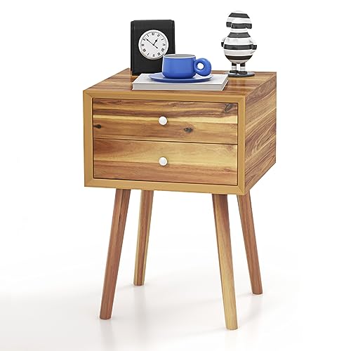 KOMFOTTEU Nachttisch mit Beinen aus Massivholz, Nachtschrank mit 2 Schubladen, skandinavisches Beistelltisch mit Kippschutz, Nachtkommode 40,5x40,5x60cm für Schlafzimmer, Wohnzimmer (Natur)