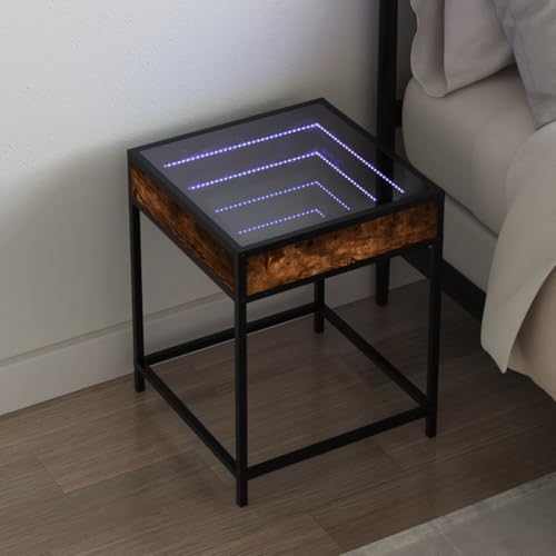 HaoChrymec Nachttisch mit Infinity-LED, Räuchereiche, RGB-LED-Beleuchtung, 2 Türen, Kommode mit Schubladen, Kleiner Beistelltisch für Schlafzimmer und Wohnzimmer, 40x40x51 cm