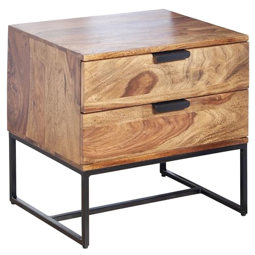 Nachttisch Sheesham Massivholz/Metall 50x40x51 cm Nachtschrank Boxspringbett | Design Nachtkonsole mit 2 Schubladen | Nachtkommode Industrial mit Stauraum