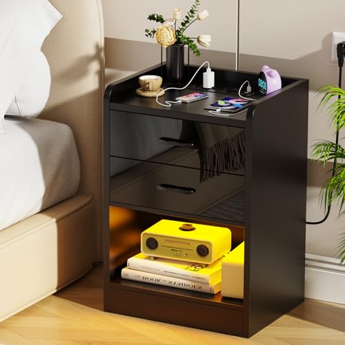 Lvhcmfohm Nachttisch Schwarz mit Steckdose (2 AC-Steckdosen & 2 USB-Anschlüsse), Nachtschrank mit Led Licht, Nachtkommode mit 2 Schubladen und Offenem Stauraum für Wohnzimmer, 40x35x65cm