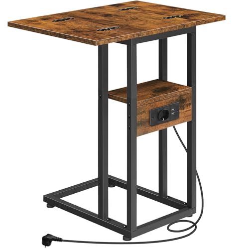 HOOBRO Beistelltisch, C-förmiger Beistelltisch mit Ladestation, unter dem Sofa oder Bett verschiebbarer Sofatisch, für Wohnzimmer, Schlafzimmer, Vintagebraun und Schwarz EBF29CSF01