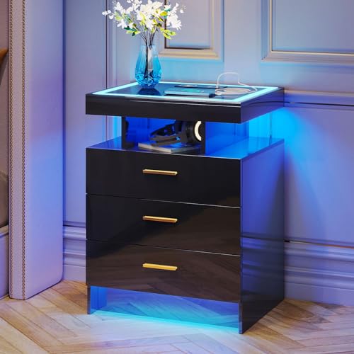 Lvifur Led Nachttisch mit Ladefunktion, Smart Nachtschrank mit 3 Licht Dimmbar, Hochglanz Sideboard mit 3 Schubladen USB Type-C Automatischer Sensor Schlafzimmer Schwarz