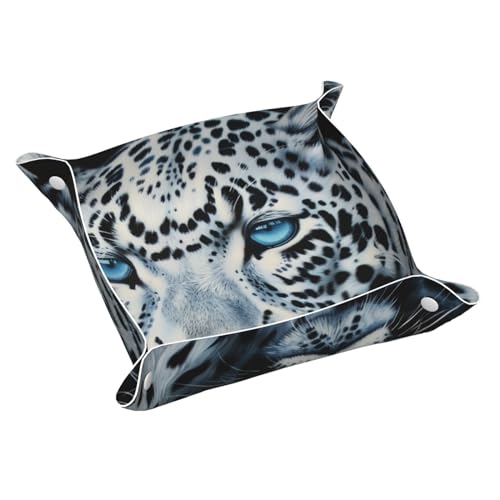 Nachttisch-Organizer, weißer Leopard mit blauen Augen, Schreibtisch-Aufbewahrung splatte, Auffangbehälter für Kleingeld, Schmuck, Schlüssel, Telefon, Uhren, Würfel
