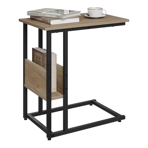 WOLTU Beistelltisch C Form, Couchtisch mit Stauraum, Wohnzimmertisch klein, Vintage Sofatisch mit Metallgestell, Industrial Design, Graue Holzoptik