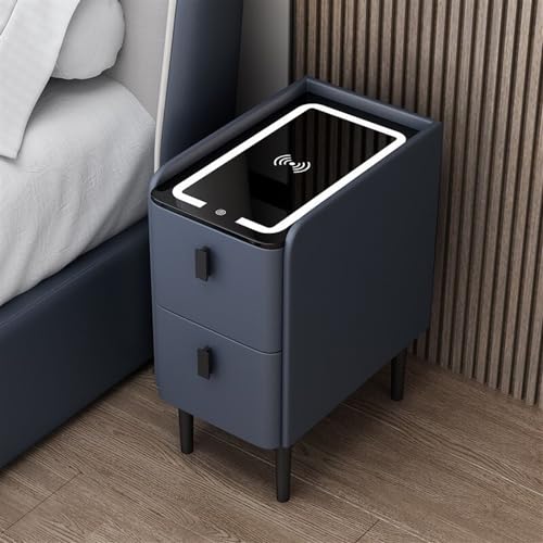 Schmaler, intelligenter Nachttisch mit kabelloser Ladestation, moderner Nachttisch aus Leder mit Glastischplatte, schlanker Nachttisch, schmaler Nachttisch mit LED-Licht für kleine