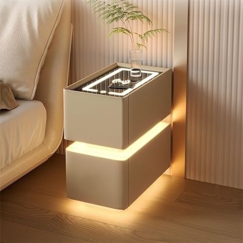 HJYBFA Intelligenter schmaler Nachttisch mit 3-farbigem LED-Licht, 2 Schubladen, kabellosem Laden, vormontiert, kleine Räume (Khaki, 11,8 x 15,7 x 19,7 Zoll)