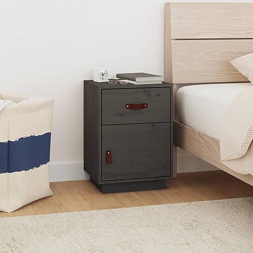 OHOOWOO Nachttisch Grau 40x34x55 cm Massivholz Kiefer,Zeitloser MassivholzNachttisch aus Kiefer in Grau mit Stauraum für Bücher und Deko Schlafzimmer, Nachttische