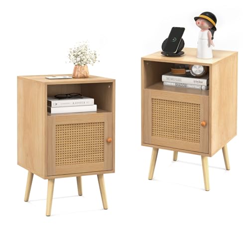 COSTWAY Nachttisch Rattan, Nachtschrank Holz, Beistelltisch mit offenem Regal & Tür, Sofatisch Landhausstil, ideal für Schlafzimmer und Wohnzimmer, 40 x 39 x 70cm (2)