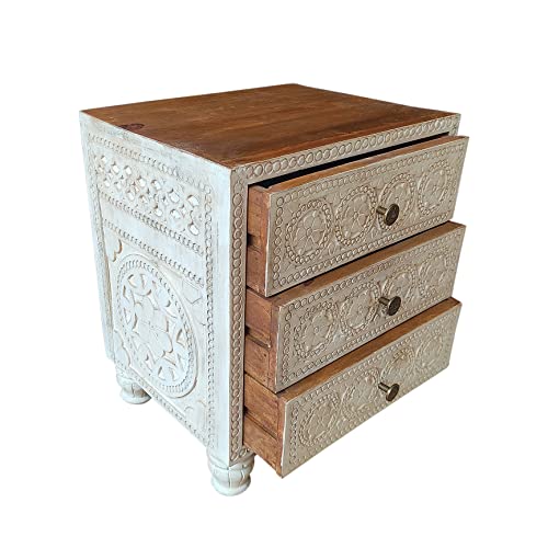 Orientalischer Holz Nachttisch Nuweiba für Boxspringbett Shabby Weiss 52,5cm groß | Vintage Telefontisch Beistelltisch Deko orientalisch | Indischer Nachtschrank Extra Hoch | Asiatische Möbel