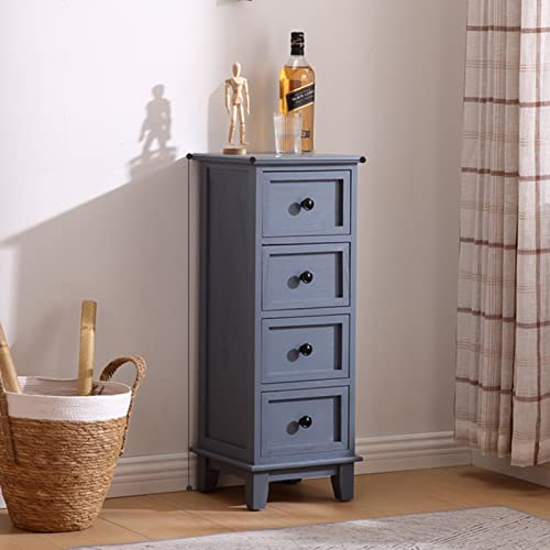 Schmaler Schrank aus Massivholz im Vintage-Stil mit 4 Schubladen für Nachttisch oder Sideboard, rustikale Möbel im Bauernhaus-Stil für kleine Räume