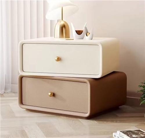 Nachttisch aus Massivholz, Leichter, luxuriöser, drehbarer Nachttisch, moderner, minimalistischer Nachttisch fürs Schlafzimmer, Beistelltisch mit 2 Schubladen, Nachttisch (Beige, 4