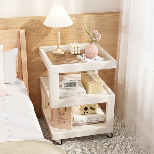 Nachttisch aus Holz mit Tischplatte aus gehärtetem Glas, 3-stöckiger Nachttisch, rollbarer Beistelltisch für Wohnzimmer, einfache Montage, kleiner Beistelltisch auf Rädern