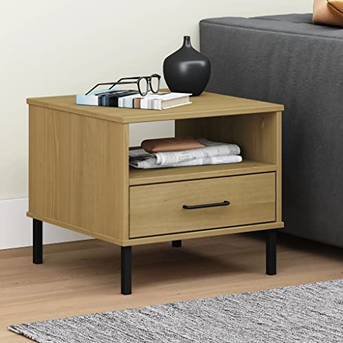 FIRBNUS Nachttisch Oslo mit Metallbeinen Braun Massivholz Kiefer Beistelltisch Holz Beistelltisch mit Schublade Nachttisch mit Ladefunktion Nachttisch Industrial Nachttisch Holz Nachttisch Klein