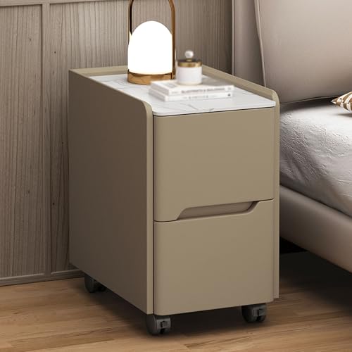 Schmaler Nachttisch aus khakifarbenem Massivholz mit 2 Schubladen, minimalistischer Nachttisch mit Lederbezug, stilvoller Beistelltisch mit Aufbewahrung, rollbarer Beistelltisch für Schlafzi
