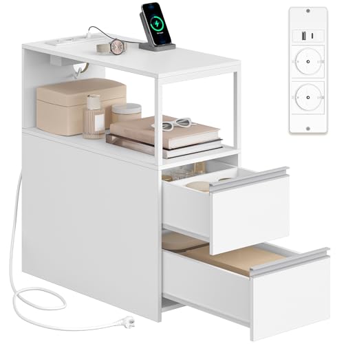 HEXCELEN Schmaler Beistelltisch, Nachttisch, Schmaler Nachttisch mit 2 Schubladen und Offenem Fach, Sofatisch, für Kleine Räume, Wohnzimmer, Schlafzimmer, Modern, 60 x 30 x 65 cm, Weiß