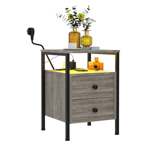 Verstellbarer LED-Nachttisch mit USB-Anschluss, Industrie-Stil, Akzenttisch mit Schubladen, moderner Mitteltisch für Wohnzimmer und Schlafzimmer, Vintage-Grau.