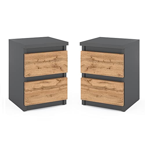 MRBLS Nachttisch 2er Set Nachtschrank Nachtkommode Modern Möbel mit Schubladen Kommode Holz Schubladenschrank für Ihr Schlafzimmer (Grau Matt - Wotan) – 30 x 43 x 32,5 cm (B/H/T)