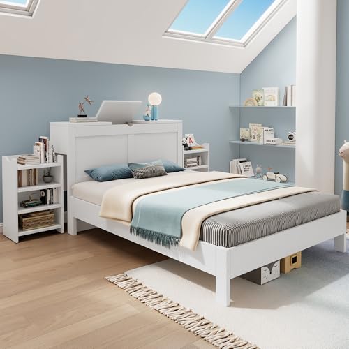 okwish Jugendbett 140×200 cm Doppelbett, Bett mit Stauraum - Stauraumbett mit 2 ausziehbaren Nachttischen, Holzbett Bettgestell mit Lattenrost und Kopfteil, Stauraum im Kopfteil, Weiß(ohne Matratze)