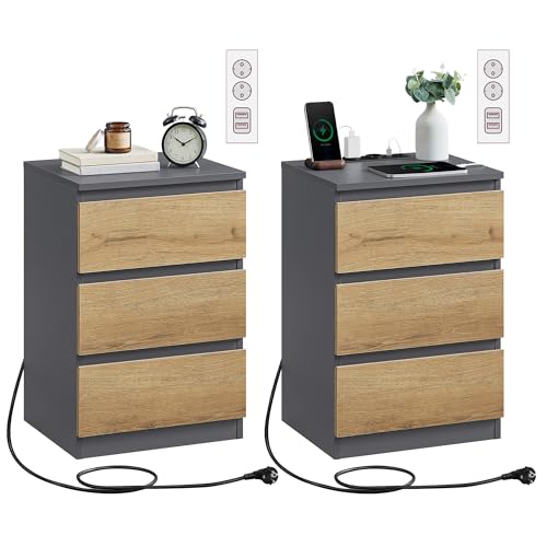 VASAGLE Kailyn Collection - Nachttisch mit Steckdosenleiste, 2er Set, Beistelltisch, 3 Schubladen, 2 AC-Steckdosen, 2 USB-A-Anschlüsse, modern, schiefergrau-naturbraun LET831G01