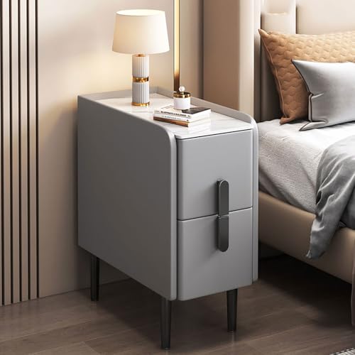 Stilvoller grauer Nachttisch mit 2 Schubladen, moderner Kunstleder-gepolsterter Nachttisch, komplett montiert für kleine Räume, Schlafsäle und Schlafzimmer (L35 cm)