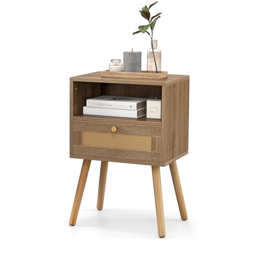 KOMFOTTEU Nachttisch mit Schubladen aus Rattan, Nachtkommode Holz, Nachtschrank mit Kiefernbeinen & offenem Fach, Nachtkonsole Beistelltisch für Schlafzimmer Wohnzimmer 40x30x60,5cm (1)