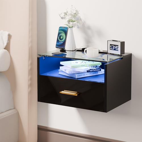 ChromaCasa Wand-Nachttisch mit Beleuchtung, 3-stufiger Nachttisch mit Einer Schublade, Ablagefläche aus gehärtetem Glas, 2 AC/2 USB-Anschlüsse, aus Holz mit Ladestation für Schlafzimmer (1, Schwarz)