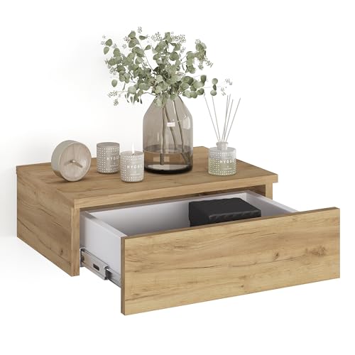 KOMTO Wandregal mit Schublade Honing Eiche - Nachttisch Hängend Nachttisch Wandmontage Wandschublade Nachtschrank Hängend | Monaco 42 x 30 x 15 cm