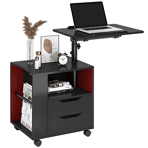 SogesHome Bestelltisch Nachttisch höheverstellbar Schlafzimmermöbel Kommode mit Schublade Aufbewahrungsschrank mit schwenkbarem Regal abschließbare Universalrollen