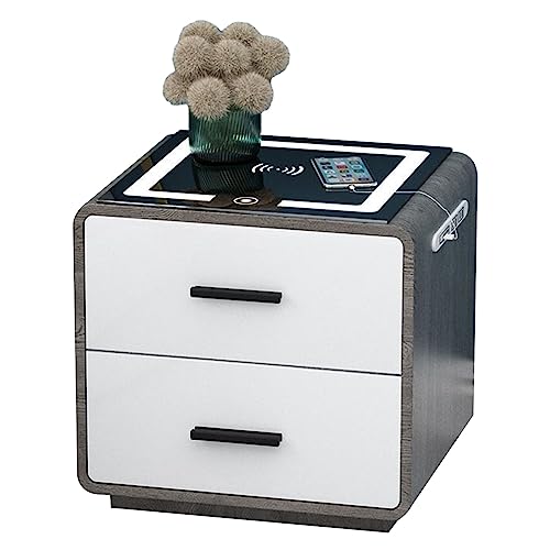 Intelligenter Nachttisch, Nachttisch mit kabelloser Ladestation, USB-Anschluss, intelligenter Tisch mit 2 Schubladen für Schlafzimmer (Color : Nussbaum Grau, Size : 40cm) charitable