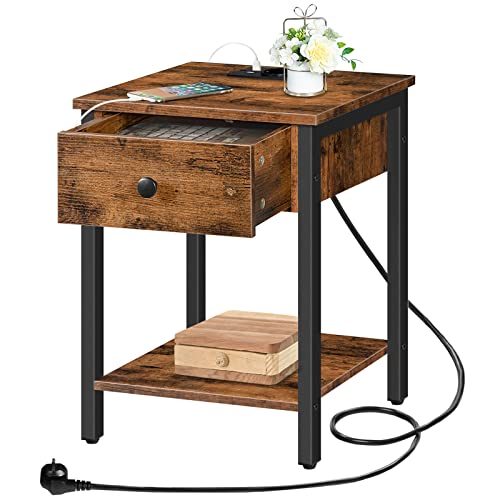 HOOBRO Nachttisch mit Ladestation und USB-Anschlüssen, Beistelltisch mit Schublade und Ablage, Nachtschrank für kleine Räume und Schlafzimmer, Vintagebraun-Schwarz EBF40CBZ01