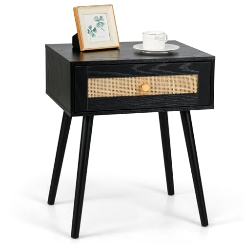 COSTWAY Nachttisch Rattan, Nachtschrank mit Schublade und Massivholzbeine, Beistelltisch, Sofatisch, Nachtkonsole im Boho-Sti für Schlafzimmer, Wohnzimmer, 48 x 40 x 58 cm