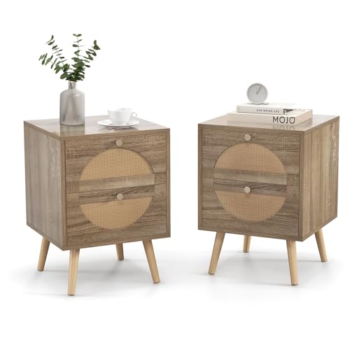 RELAX4LIFE Nachttisch 2er Set, Nachtschrank mit 2 Rattan-Schublade, Nachtkonsole Holz, 40 x 40 x 56 cm, Beistelltisch für Wohnzimmer Schlafzimmer