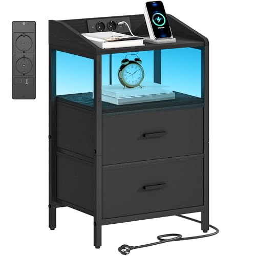 Hzuaneri Nachttisch mit LED-Leuchten und ladefunktion, Beistelltisch mit 2 Stoff-Schubladen mit USB-Anschlüssen & Steckdosen, für Schlafzimmer, Wohnzimmer, Schwarz NS36104B