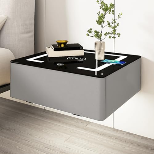 IROEJT Schwebender Nachttisch mit Ladestation und LED-Beleuchtung, Wandmontage, automatische Sensorbeleuchtung, Tischplatte aus gehärtetem Glas, Mikrofaserleder?Light Gray1pc 48x18x40cm