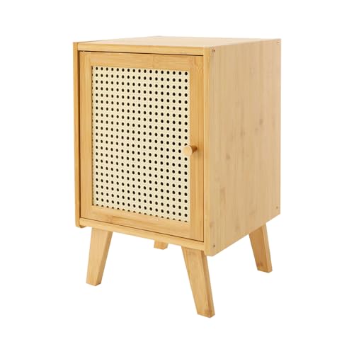 DJOAIUYF Nachttisch Rattan,31 * 30 * 51cm Vintage Holz Beistelltisch mit Massivholzbeinen, nachttisch, Moderner Boho Rustikal Almo Nachttisch mit 1 Fächern (Holzfarbe)