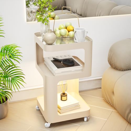 YCBTREE Nachttisch, Beistelltisch mit Rollen 3 Stufiger Moderner Nachtschrank mit Sensorlicht 35×59cm Couchtisch Wohnzimmertisch Installationsfrei Ideal für Schlafzimmer Wohnzimmer Beige