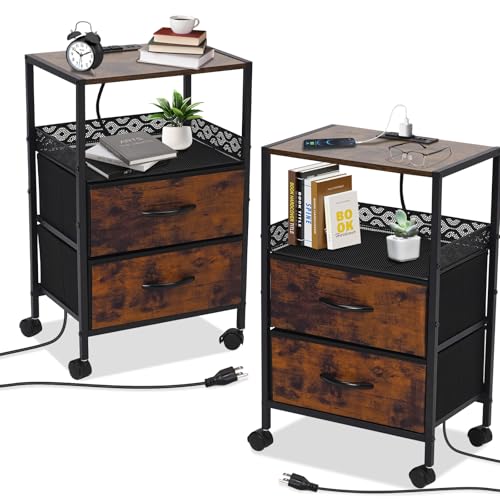 Yosamy Nachttisch 2er Set mit Steckdose, Rollen, Stoffschubladen, AC-Steckdosen, USB-Anschlüsse, Beistelltisch für Wohnzimmer Schlafzimmer, 40x28x60cm, Retro-Farbe
