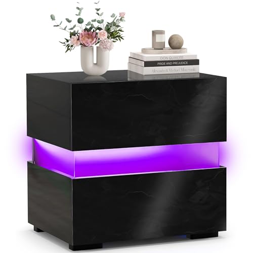 AUNEK Modern LED Nachttisch mit 2 Schubladen, 16 RGB-Lichtern und Fernbedienung, Hochglanz-Weißer Beistelltisch für Schlafzimmer, Wohnzimmer