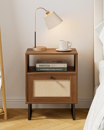 HEYZOEY Rattan Nachttisch,Moderner Boho Bauernhof Holz Nachttisch mit Schublade und offenem Regal,Kleiner Goldrahmen Beistelltisch für Schlafzimmer,Wohnzimmer,B üro(Braun)
