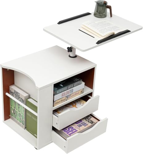 OUKANING Bücherregal mit Höhenverstellbarem Schreibtisch und Rollen, 3-in-1 Höhenverstellbarer Lese- und Notebook-Ständer, Drehbar 360°, Kippbar 180°, Mit 2 Schubladen, Stauraum (Weiß)